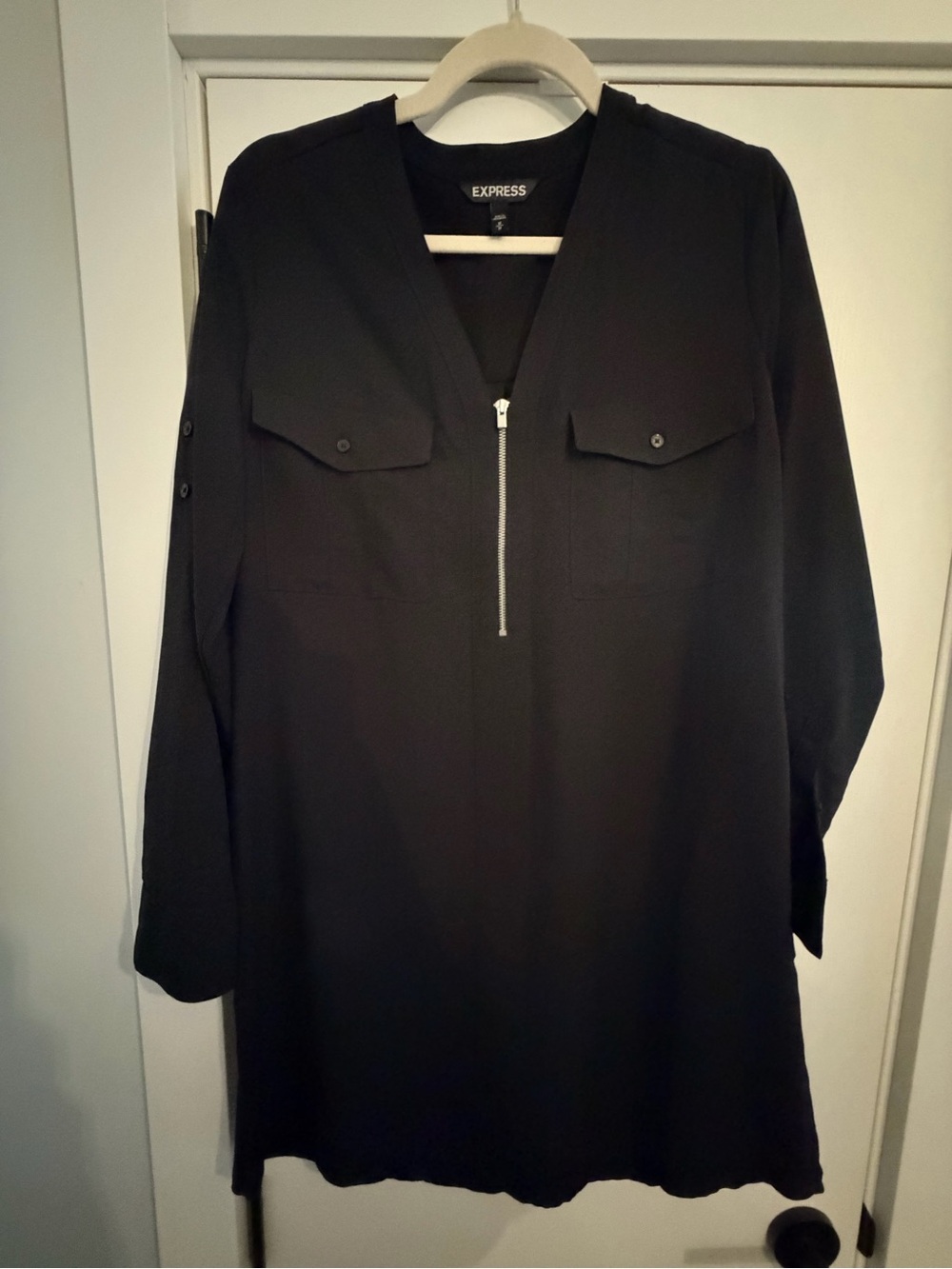 Express Black Long-Sleeve Zip-Front Detail Tunic Shirt Dress with Belt